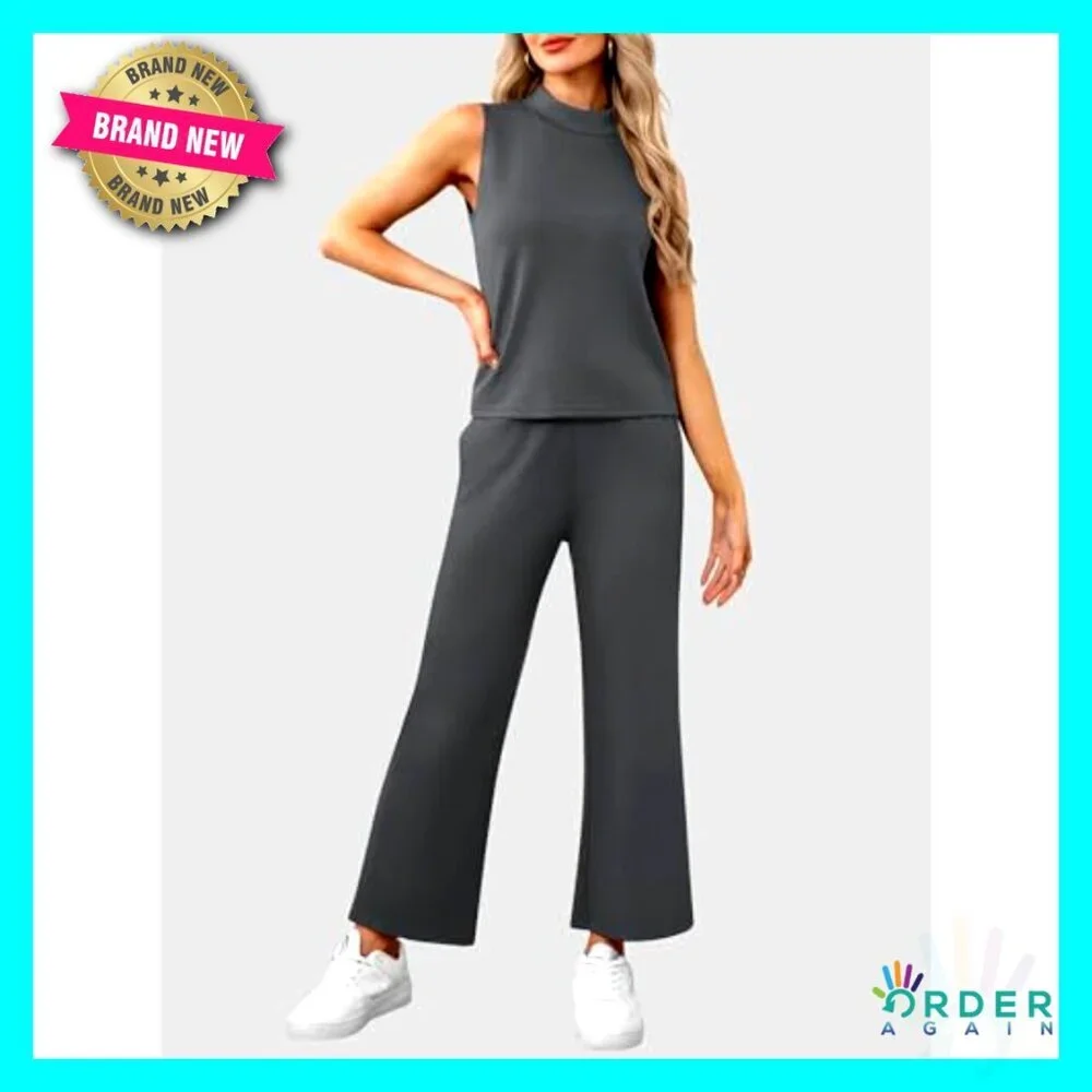 Mock Neck Tank Top Cropped Wide Leg Pants Lounge Set Athleisure Two Piece Outfit